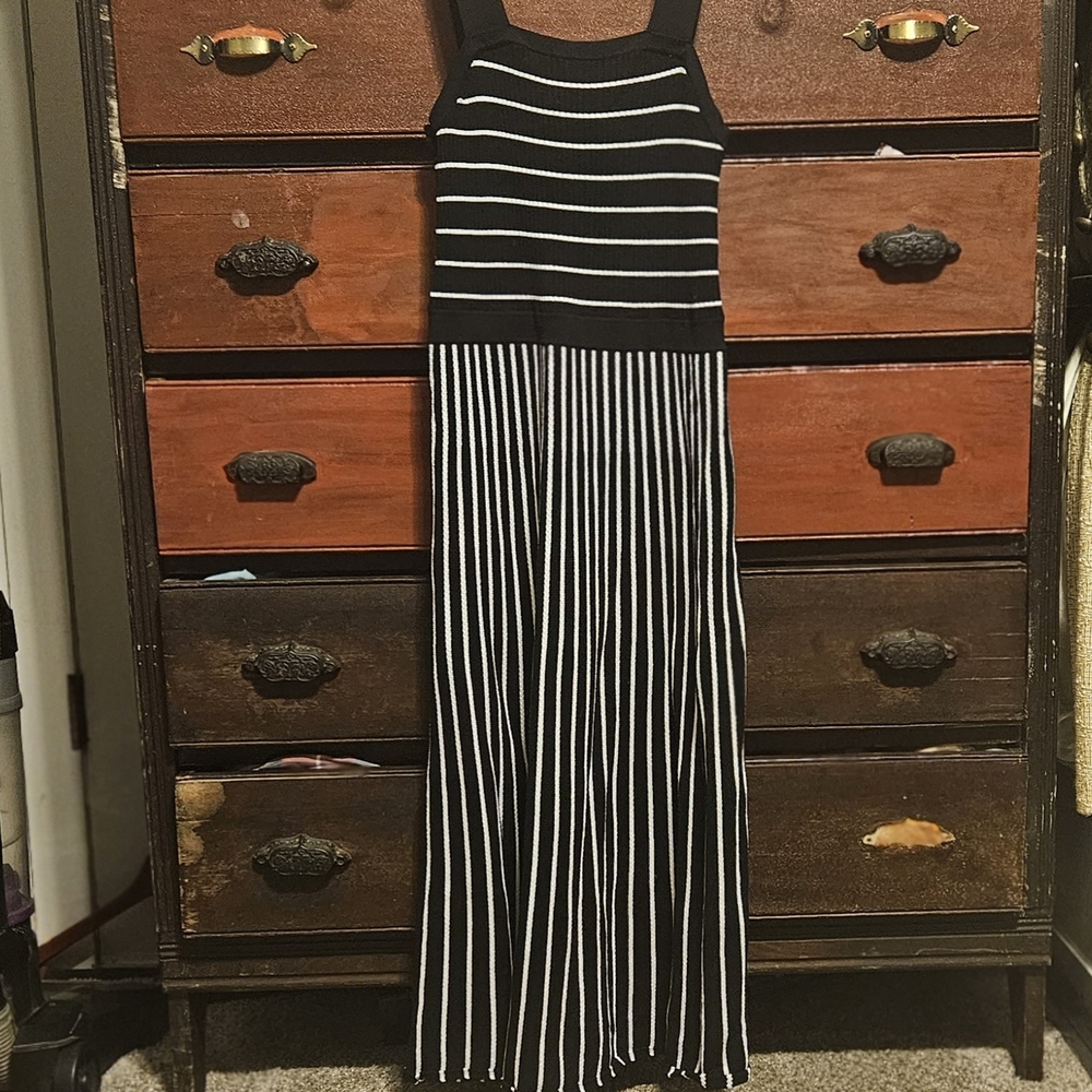 Banana Republic Black and White Pleated Knit Stripped dress